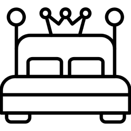 Outline of a bed with a crown symbol on it, representing a queen-size bed.