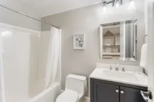 A bathroom with white walls and black cabinets.