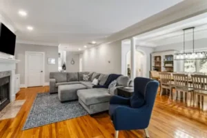 A living room with a couch and chair in it