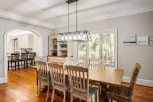 A dining room table with chairs around it